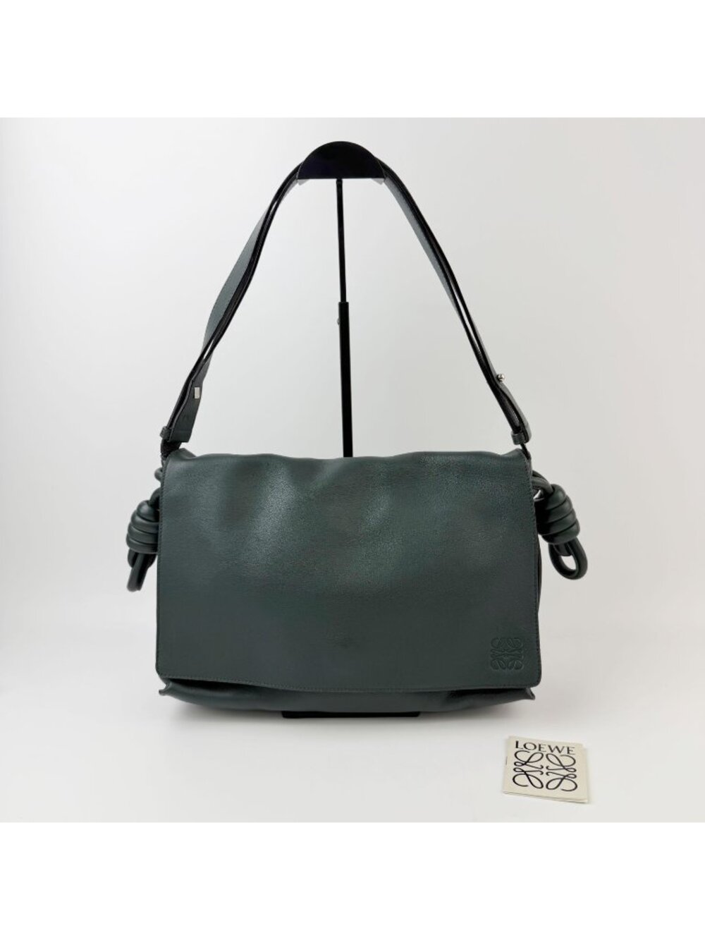 Loewe Flamenco Knot Flap Shoulder Bag Leather Dark Green Silver Vintage